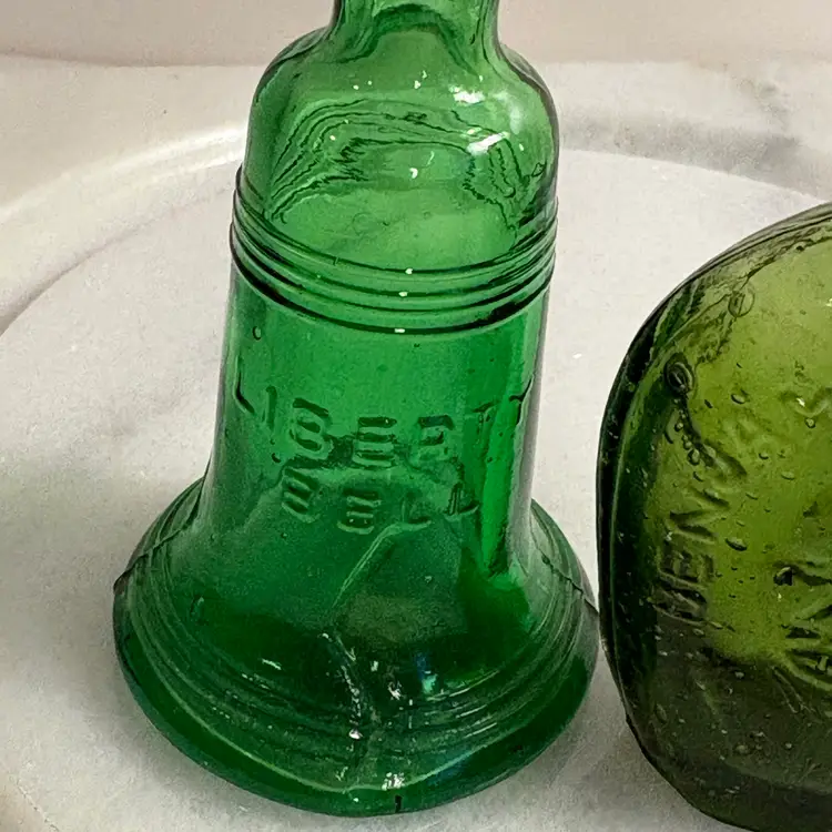 Wheaton 2 Vintage Miniature Glass Bottles Green Liberty Bell & Ben Franklin