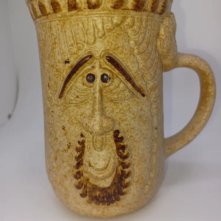 Vintage 1970's Pottery Craft Glazed Stoneware Pottery 24 oz. Man's Face with Goatee Mug - Vintage Beer Mug - Large Novelty Coffee Mug