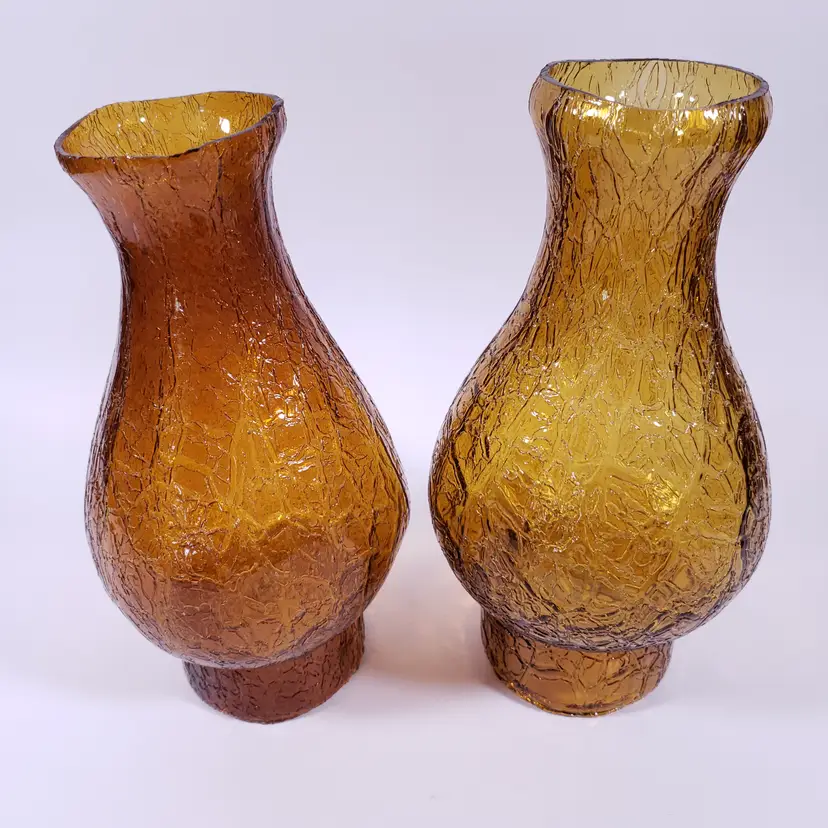 Vintage MCM Honey Amber Blown Ice Crackle Glass Hurricane LAMP SHADE CHIMNEY SET