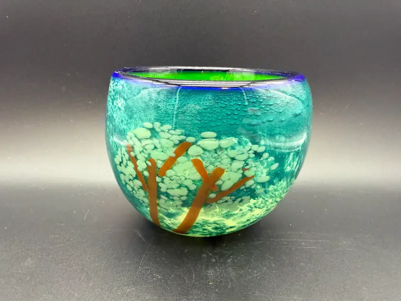 Vintage MCM Glass Candle Holder with Abstract Tree Design