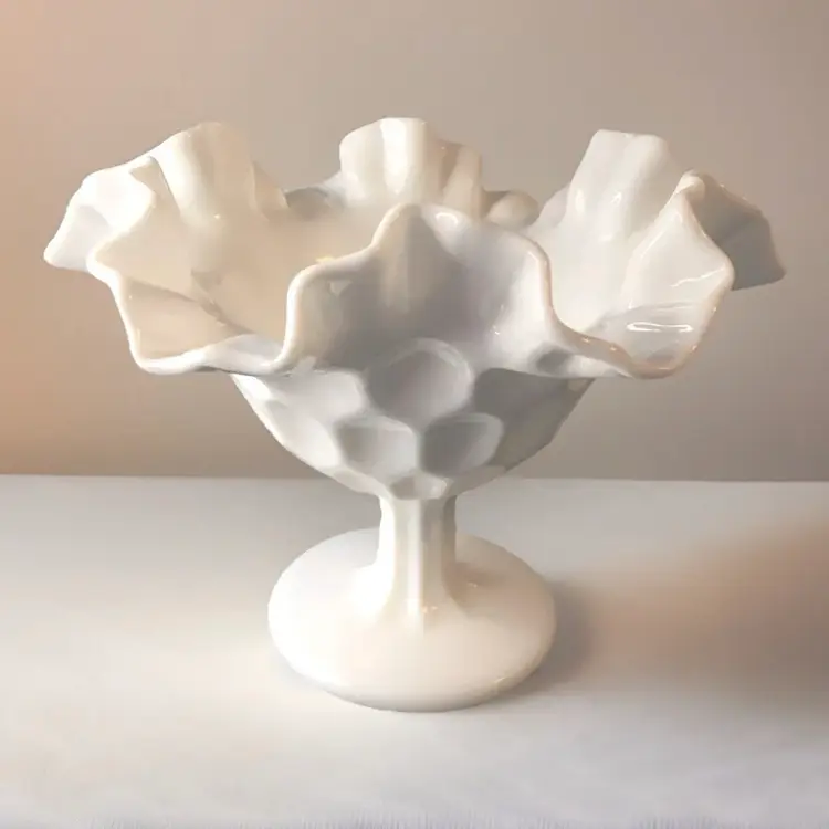 Vtg FENTON Milk Glass Thumbprint Olde Virginia Pedestal Nut Dish Compote