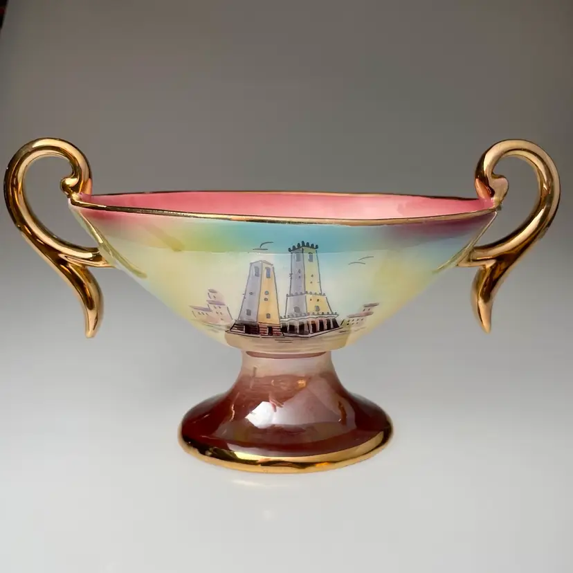 Iridescent Rainbow Lustre Glaze Double Handled Vase Pedestal Bowl Vintage Italy REPAIRED