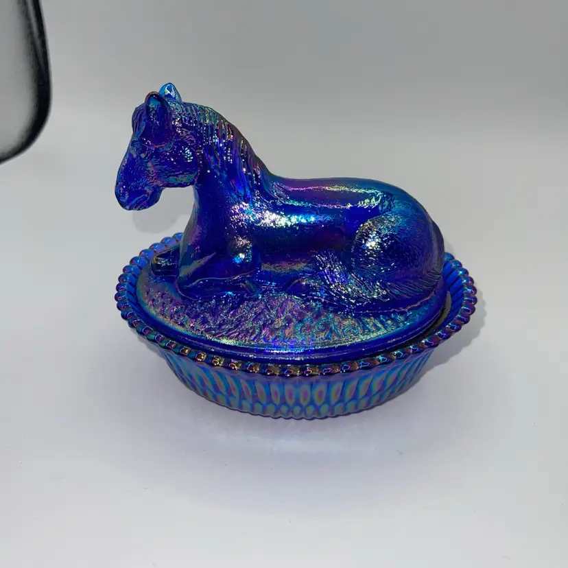 Cobalt Blue Carnival Glass Resting Pony Covered Trinket Candy Dish Rosso