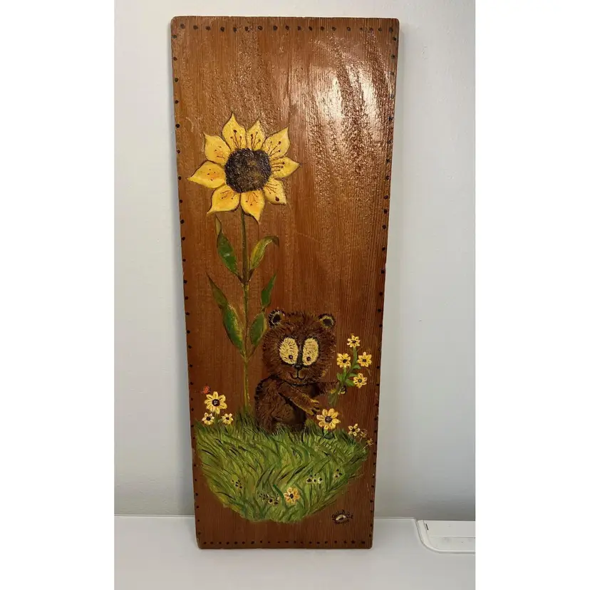 Original painting bear picking flowers wood plaque Gail DuPont Signed