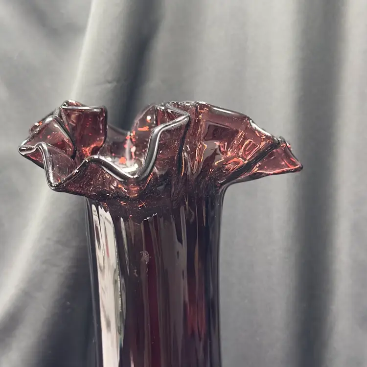 #1602 12”  Tall Purple Amethyst Glass Stretch Vase Crimped Rim Wavy Edge