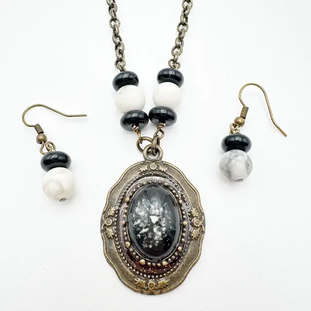 Black with White Speckles Glass Stone Pendant Necklace and Matching Earrings Antiqued Gold Tone Handmade