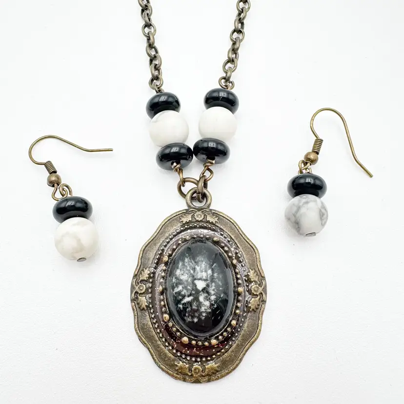 Black with White Speckles Glass Stone Pendant Necklace and Matching Earrings Antiqued Gold Tone Handmade