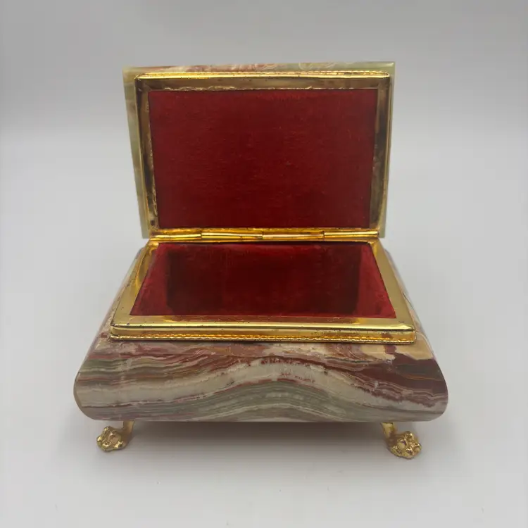 Vintage Italian Green Onyx Trinket Jewelry Box With Footed Brass And Hinge
