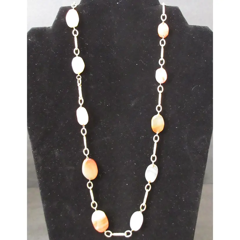 Vintage Orange & White, and Gray Oval Jasper Stone Bead and Gold Tone Metal Spacers Necklace - 30" Spring Ring Clasp