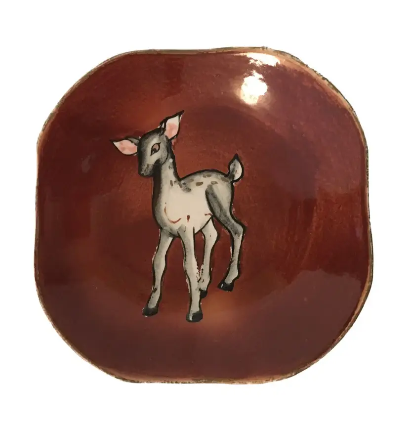 VINTAGE Mid Century HAND PAINTED Ceramic PLATE Dish - DEER Fawn