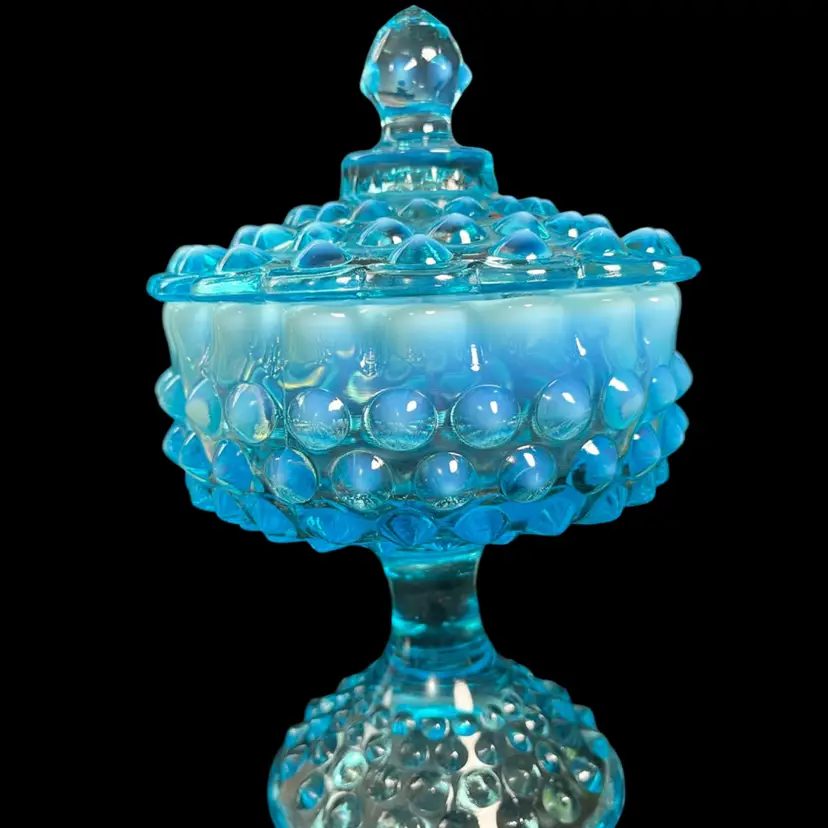Fenton Blue Opalescent Hobnail Footed Candy Dish w/ Matching Lid. The Finial or Top Knob on Lid Looks Like an Acorn or Bud Shape-Which is a Signature Detail for this Particular Compote or Candy Dish