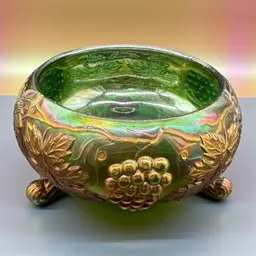 Fenton Vintage Green Carnival Glass 3 Footed Fernery Bowl Antique Grape Delight