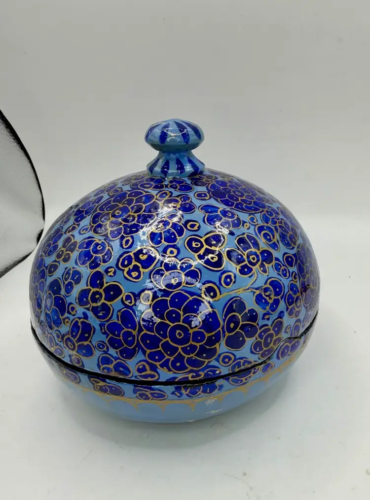Vtg Paper Mache Lacquered Box Round Floral Blue Gold Accents