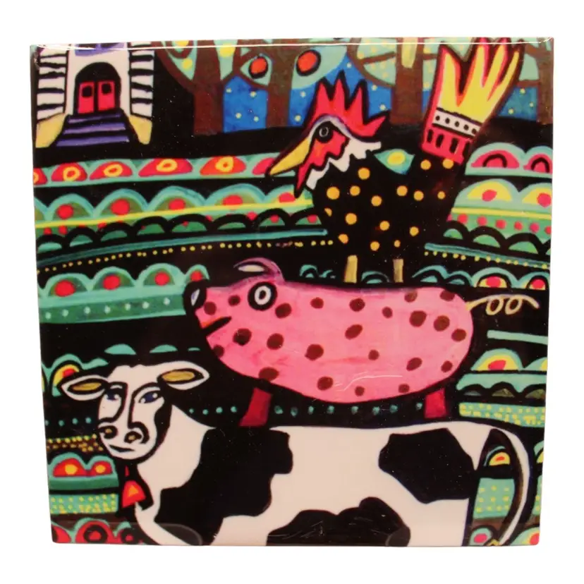 Pop Art 4 1/4”x4 1/4” Stylized Cow Pic Rooster Ceramic Tile