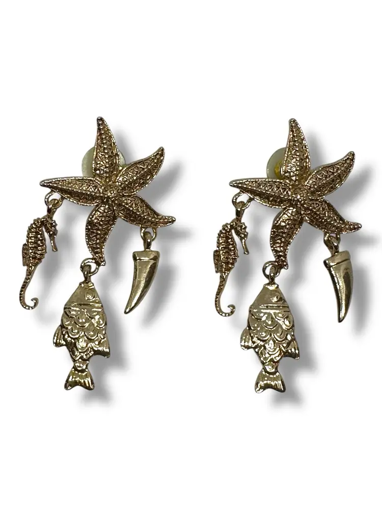 Rare JJ Jonette Starfish Earrings Seahorse Sharks tooth Gold Pierced 90s Large