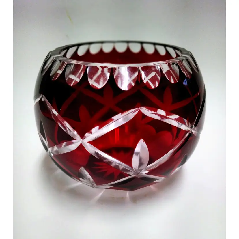 Vintage Ruby Red Cut To Clear Bohemian Crystal Votive 4.5 X 6" 4 " Opening