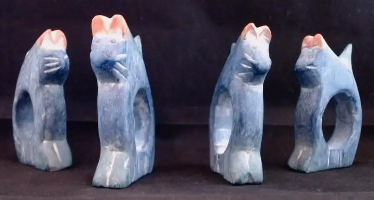 Abstract Art Carved Wooden Blue & Pink Cat Napkin Rings
