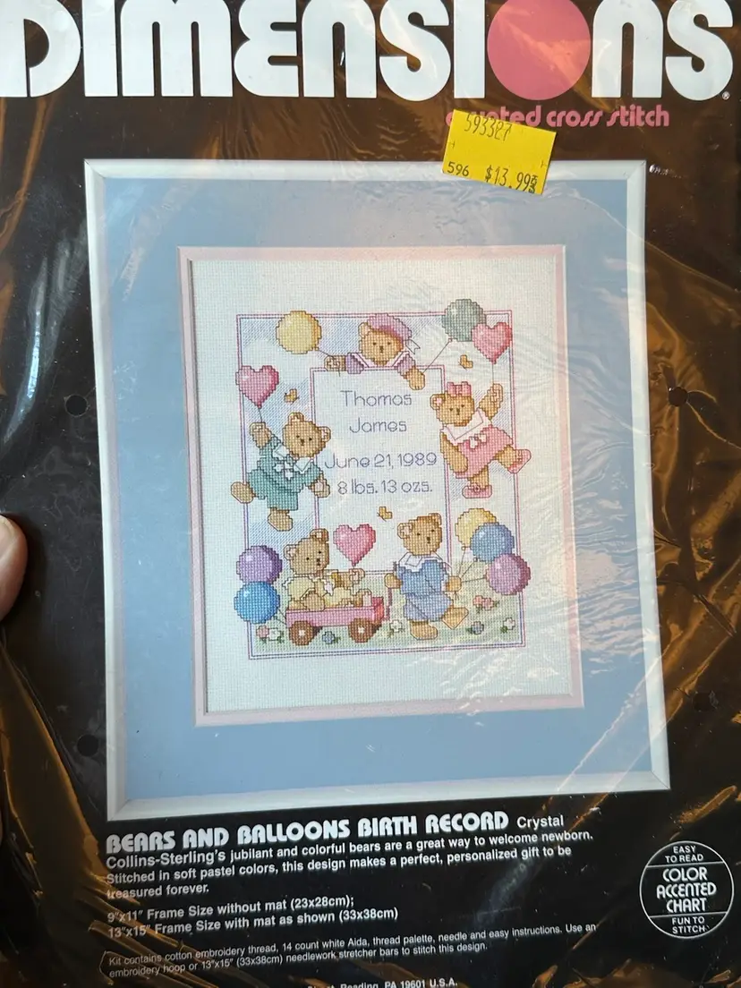 Vintage 1980s Dimensions Counted Cross Stitch Kit Bears & Balloons Birth Record