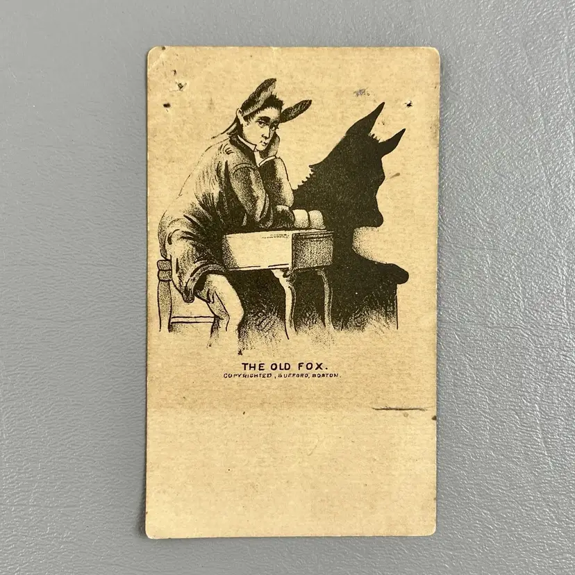 Victorian Trade Card The Old Fox Copyright Boston Metaphorical Man At Desk 4.5x2.5"