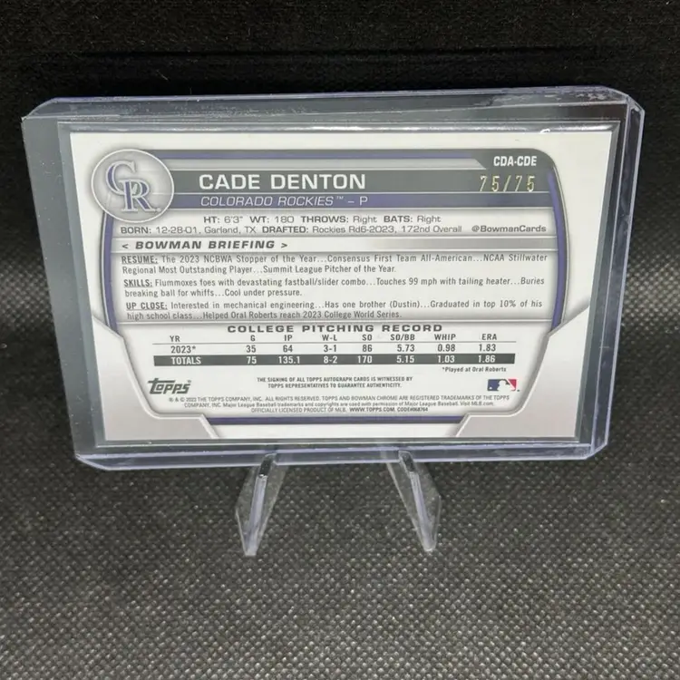 2023 Bowman Draft Cade Denton 1st Bowman Autograph Black Refractor 75/75 CDA-CDE Colorado Rockies