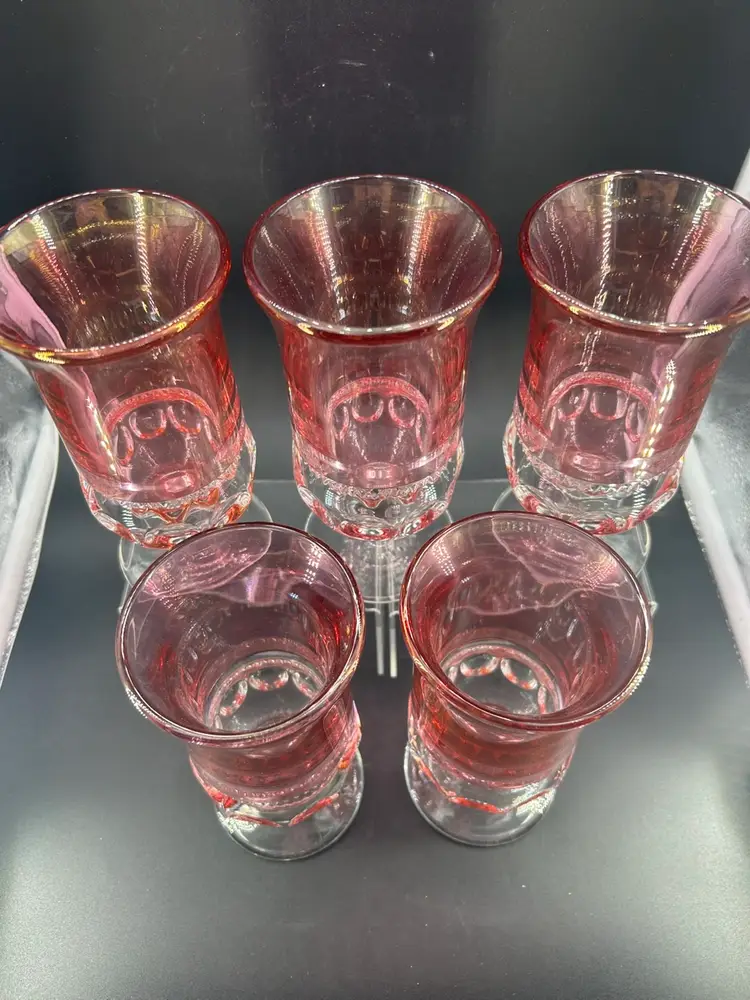 set of 5- TIFFIN-FRANCISCAN KING'S CROWN CRANBERRY FLASHED GOBLETS