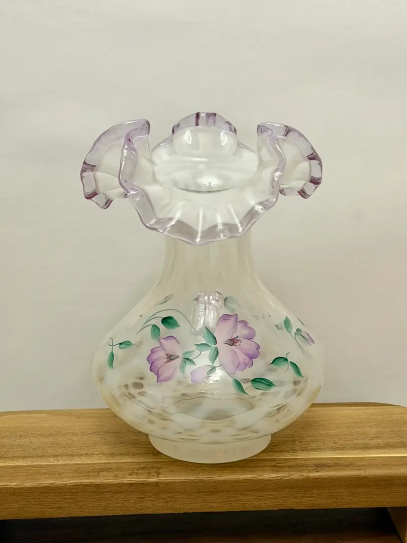 Fenton Hand Painted Purple Lavender Crest Diamond Optic Ruffled Vase