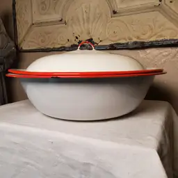 Enamelware Lidded Planter Pot White Red Trim Farmhouse Cottage