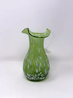 Green Spatter Art Glass Pitcher 5” – Hand-Blown Vase with Applied Handle