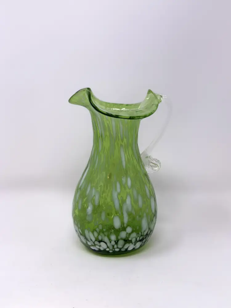 Green Spatter Art Glass Pitcher 5” – Hand-Blown Vase with Applied Handle
