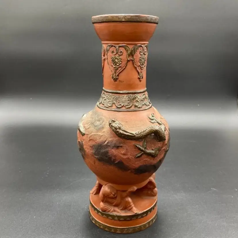 Japanese Tokoname Redware Clay Pottery 3D Dragon Hotei Vase Urn Home Decor