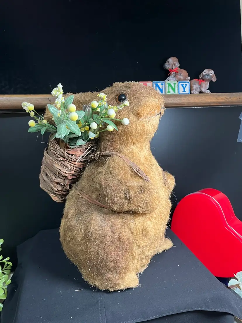 This is One Chonky 12" High Sisal Bunny w/ Basket on Back-Carries Florals & a Nest w/ Eggs