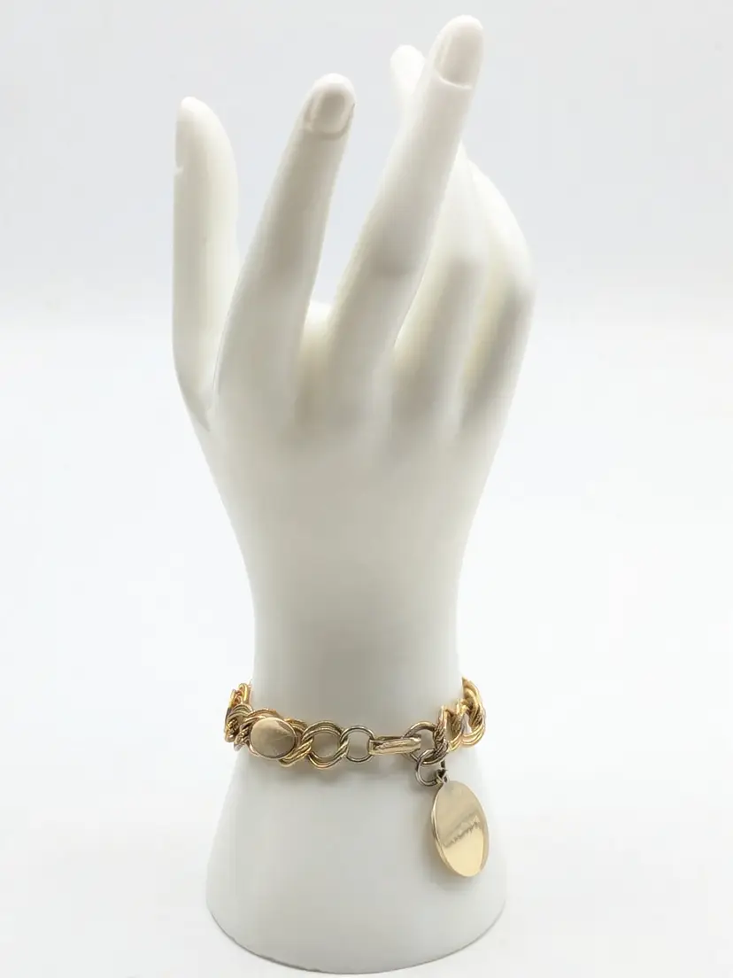 Vintage Gold Tone Double Link Chain Bracelet with Round Charm