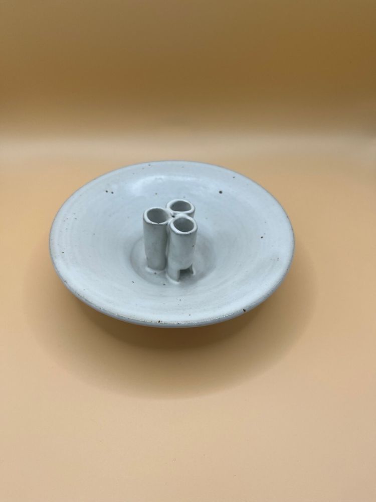 Signed White Speckled Studio Pottery Flower Frog Dish