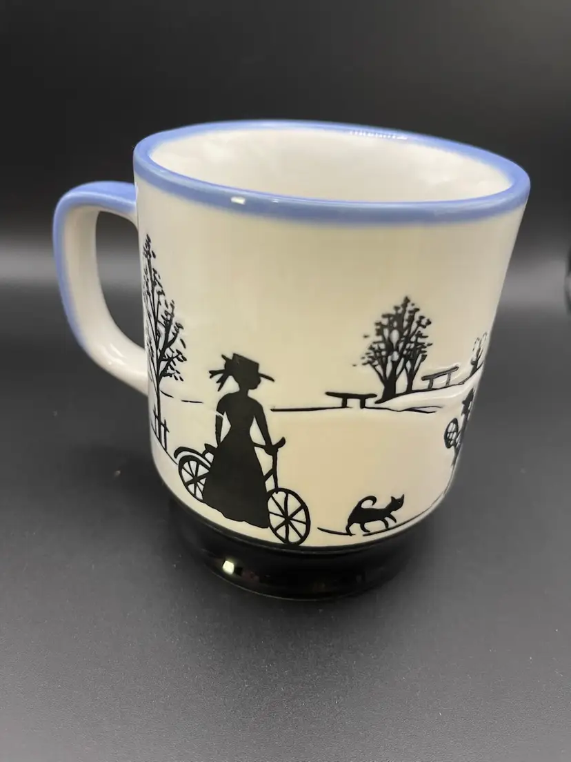 Vintage Footed Coffee Mug Silhouette Scene Family Trip/Park Scene