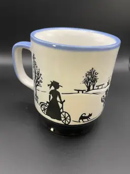 Vintage Footed Coffee Mug Silhouette Scene Family Trip/Park Scene