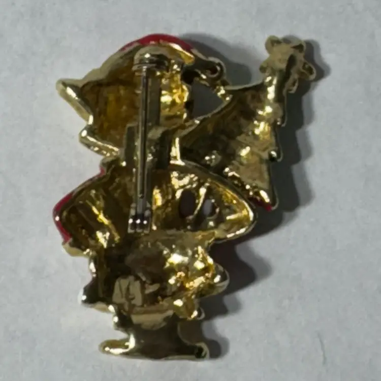 Brooch Unsigned Santa Cat w/ Christmas Tree Gold Tone Enamels