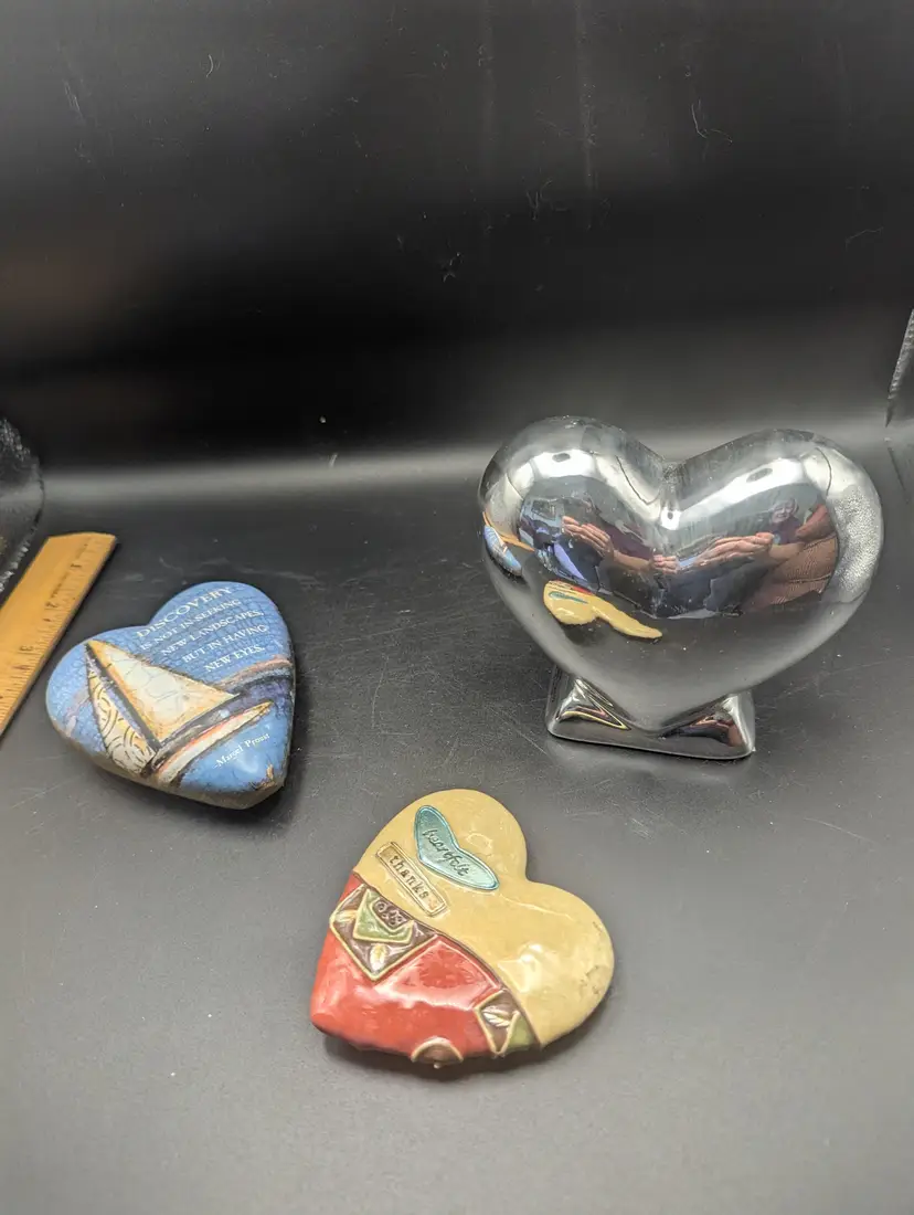 Trio of Heart-Shaped Decorative Pieces Two Inspirational And One Coin Bank