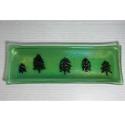 Fused Glass Iridescent Tray Pine Trees 11.5 X 4”
