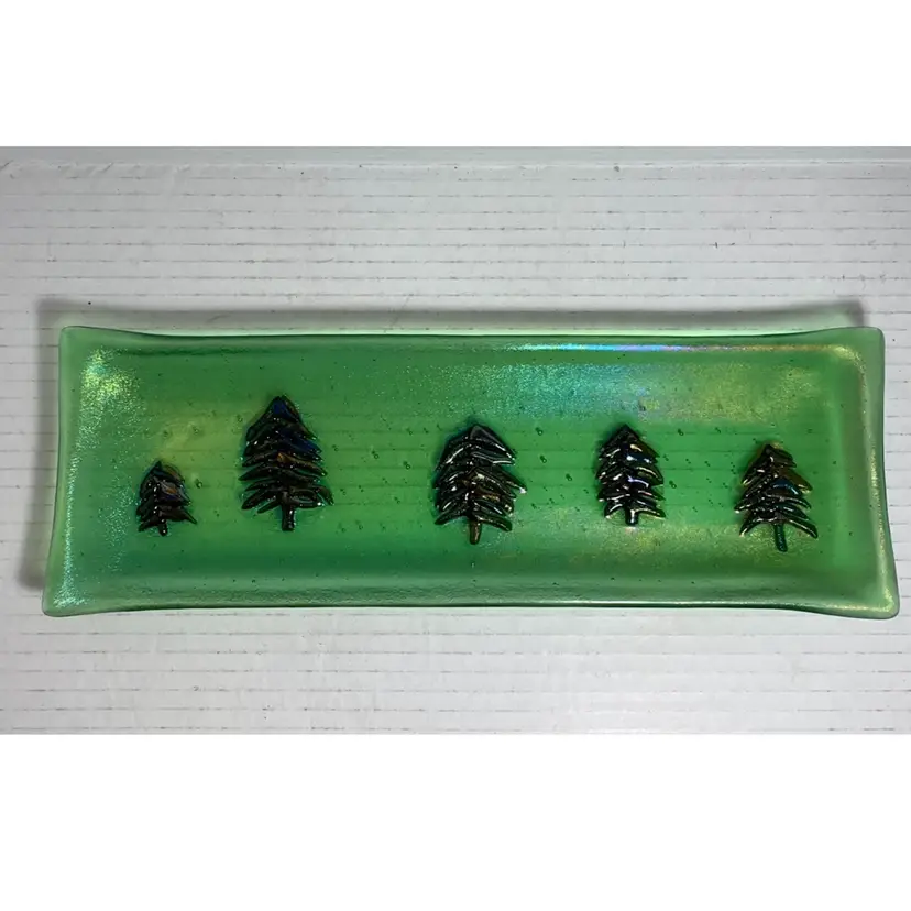 Fused Glass Iridescent Tray Pine Trees 11.5 X 4”