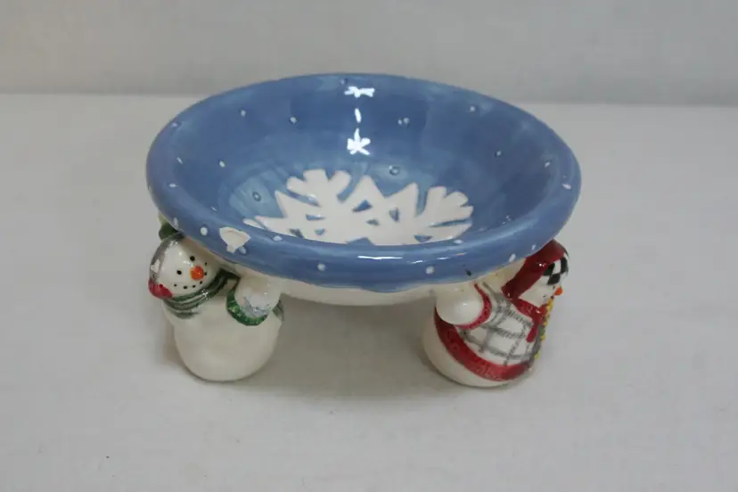 Debbie Mumm 3 Snowman Snowflake Red Blue Footed Christmas Candy Nut Dish Bowl