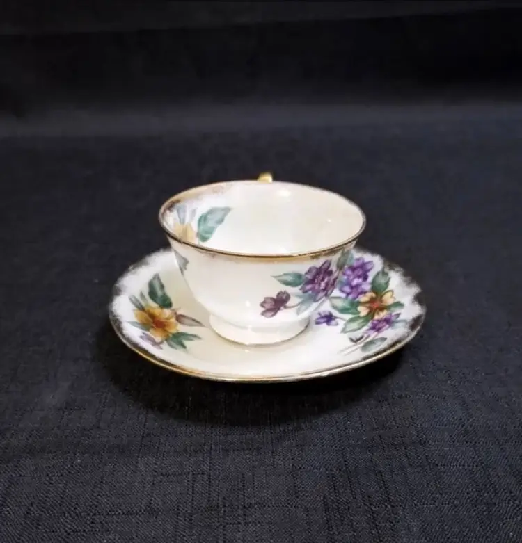 Vintage Porcelain Norcrest Japan Floral Iridescent Teacup and Saucer Set