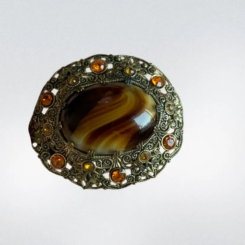 #01 West Germany Slag Glass Brooch With Orang And Yellow Rhinestones In The Filgree
