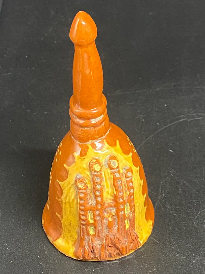 HandmadeCeramic Bell (Orange and Yellow) Designed w/ Building Structure