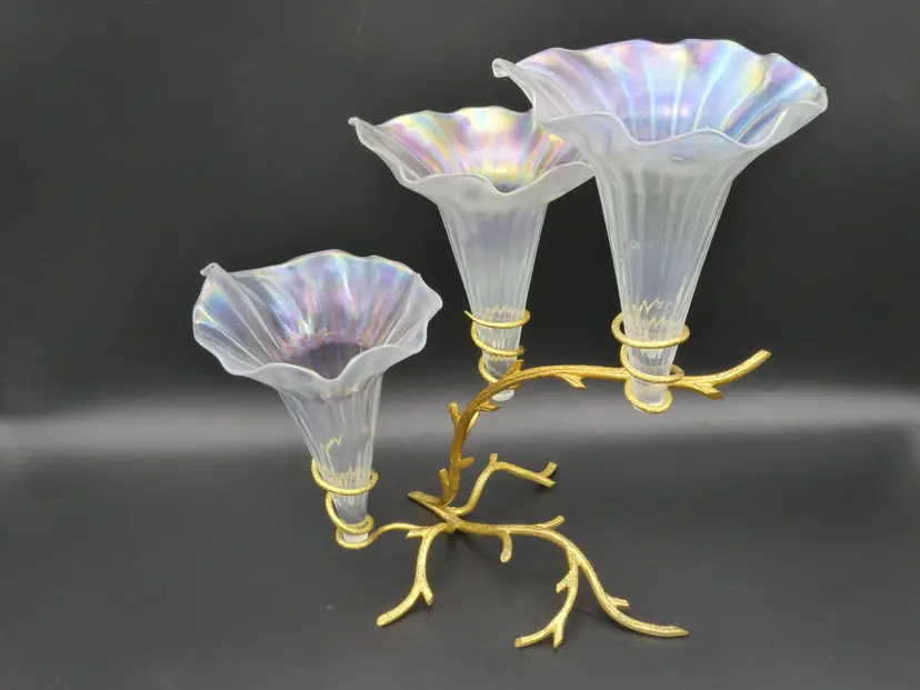 Antique John Walsh Walsh Art Nouveau Epergne Posey Vase 3 Iridescent Glass Trumpets Gold Branch Base