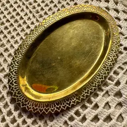 5” vintage oval brass tray, lattice-style etched border.