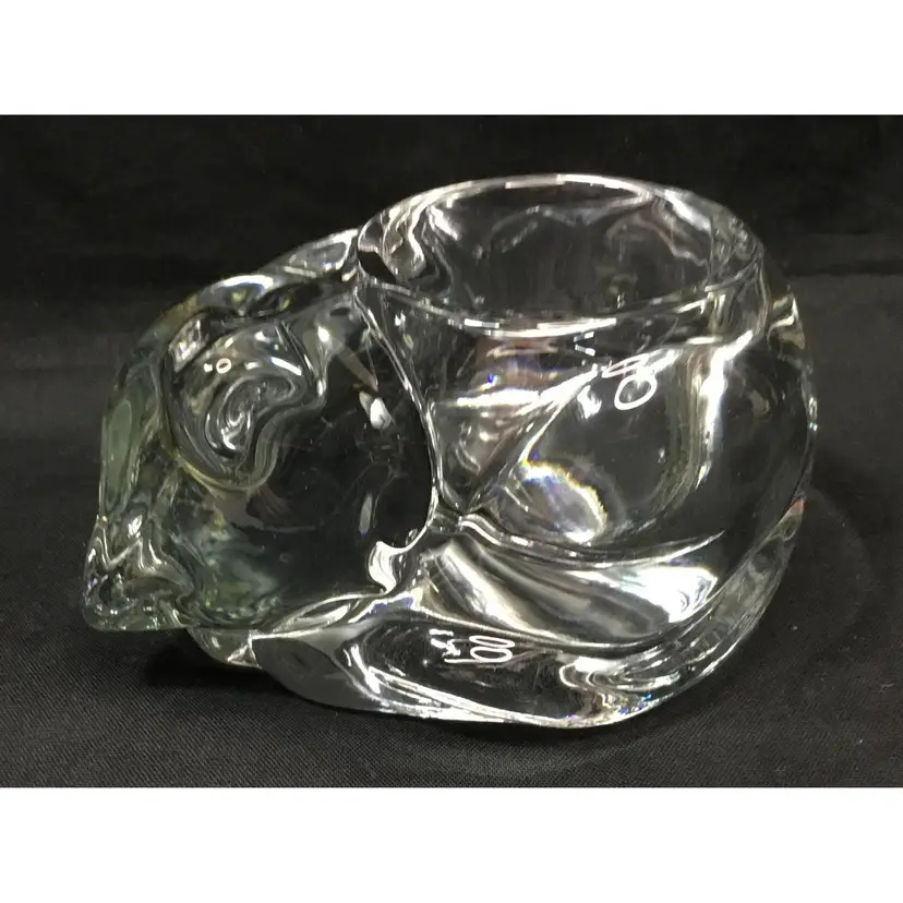 Cozy sleeping kitty, clear molded glass tealight candle holder, various uses