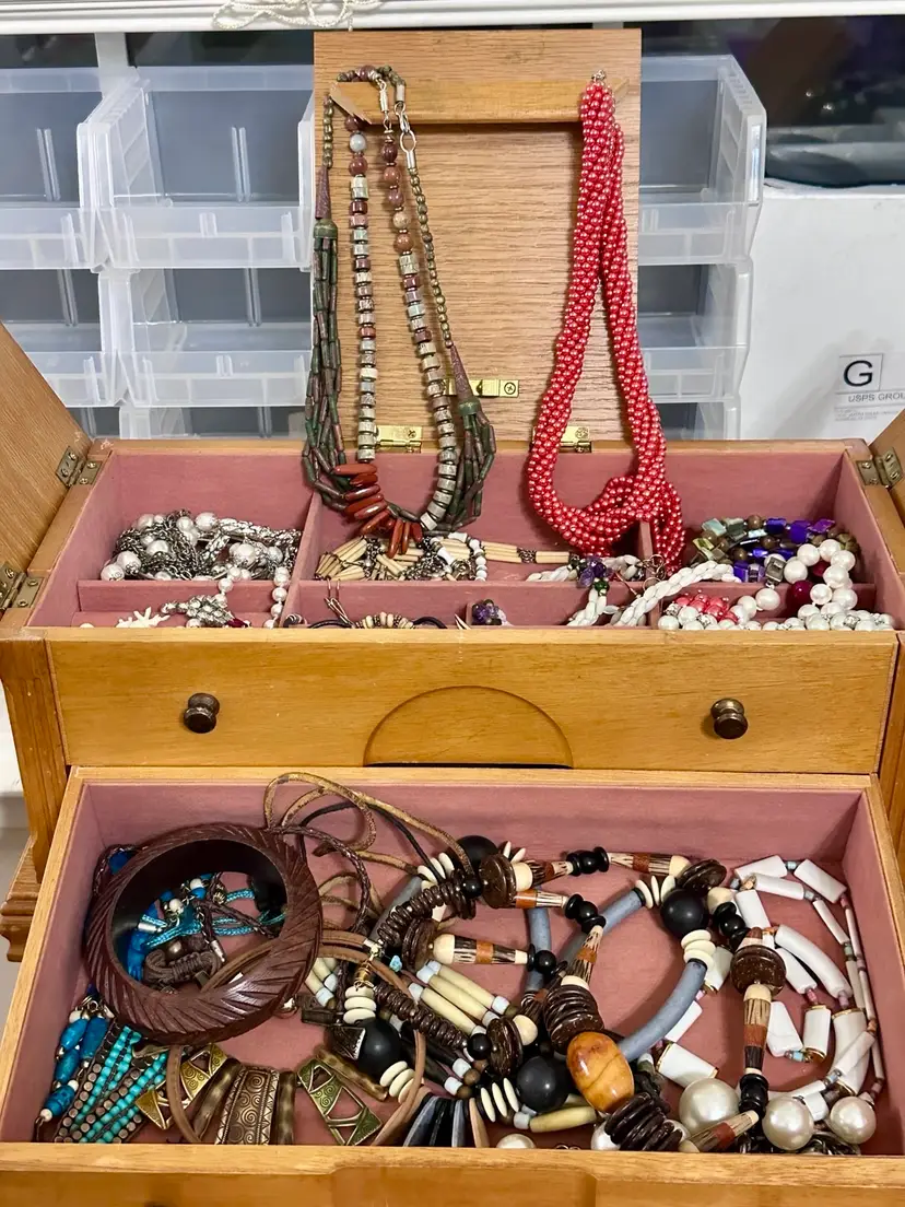 Solid Wood Large Handmade Jewelry Box & 40 Plus Jewelry Pieces!