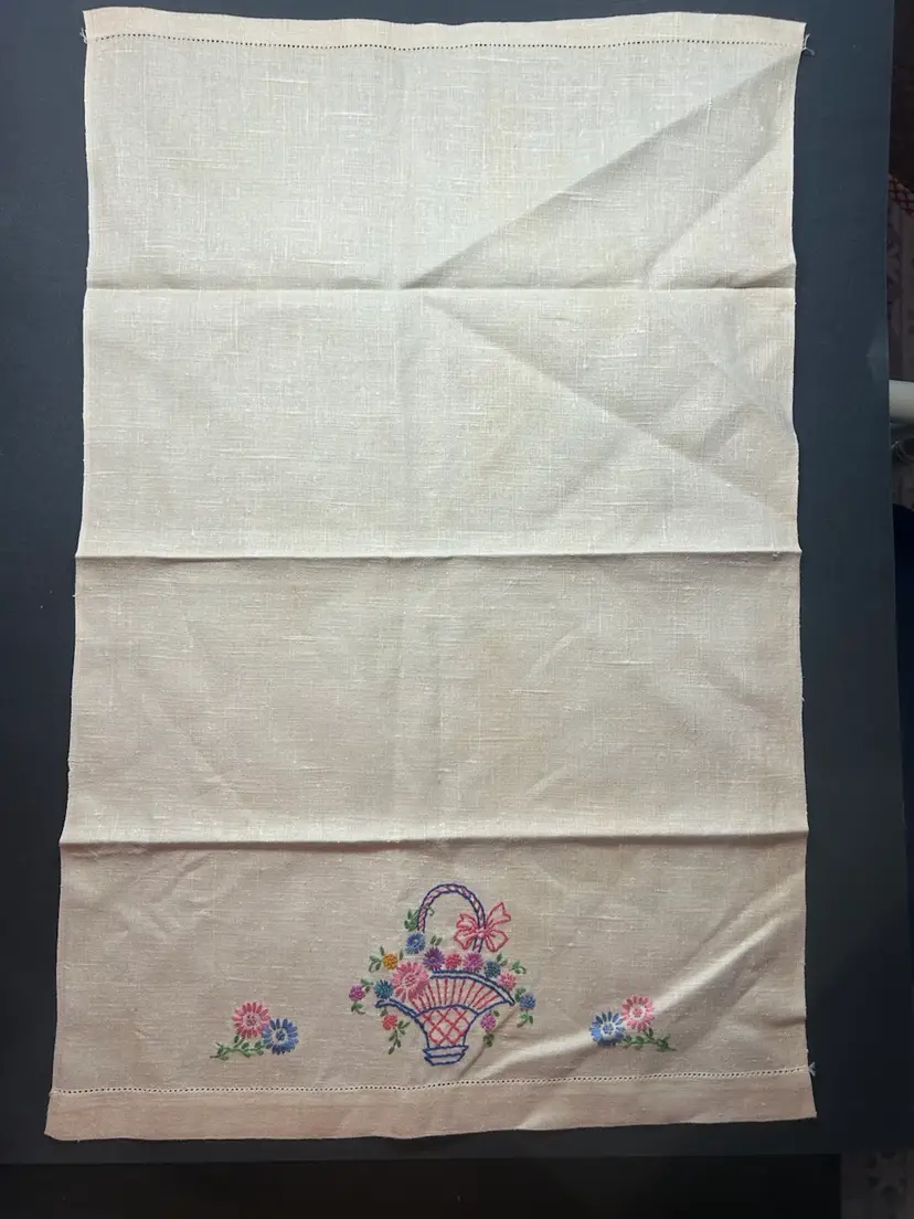Vintage Hand, Embroidered Linen, Tea Towel, Floral Basket Design