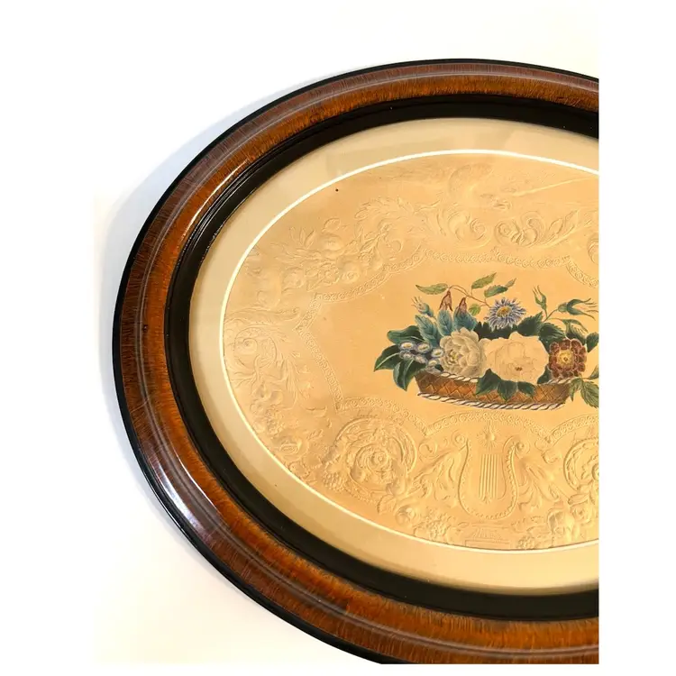 Victorian Style Flowers Drawing Oval Wooden Frame Wall Art 11.5x9.5 in