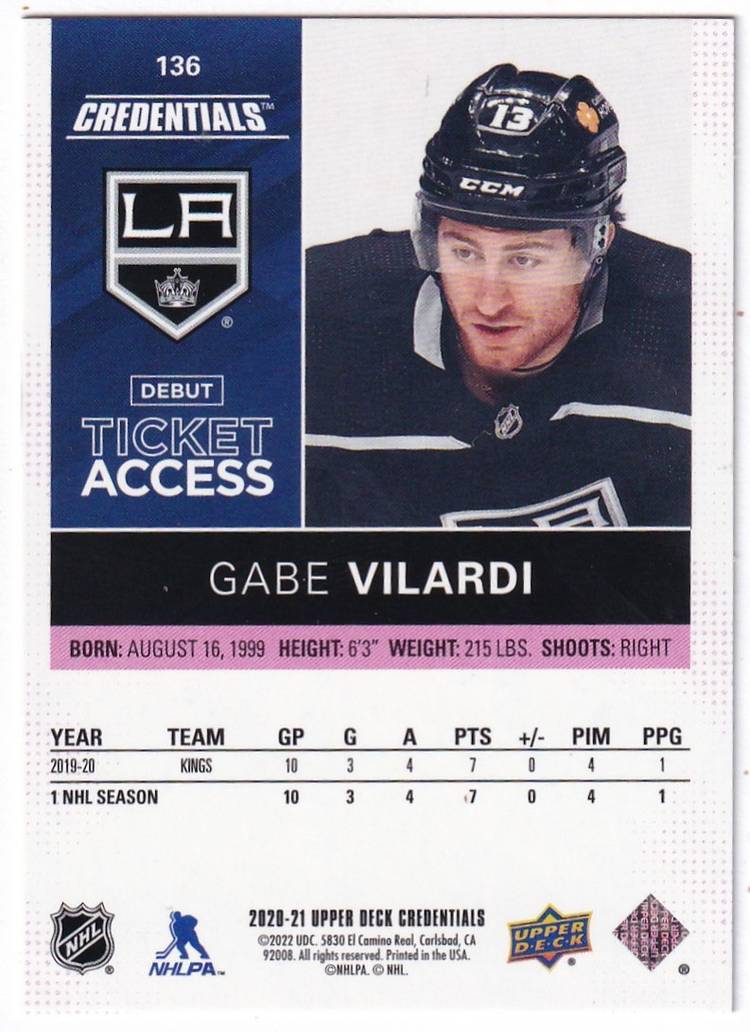 2020-21 Upper Deck Credentials Pink #136 Gabe Vilardi Los Angeles Kings Hockey Card